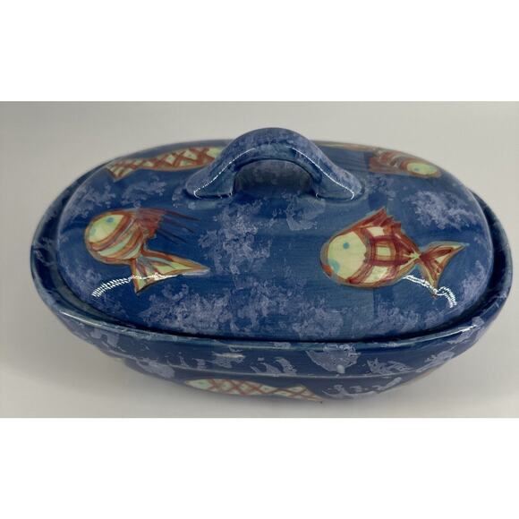 Bowl w/Lid Evandale Porcelain Handpainted Fish Design Blue 9” L x 5.25”W x 5.5”T - Picture 2 of 14